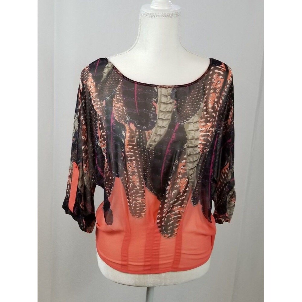 Bisou Bisou Michelle Bohbot Women Peach Black blouse Top  Sz Small